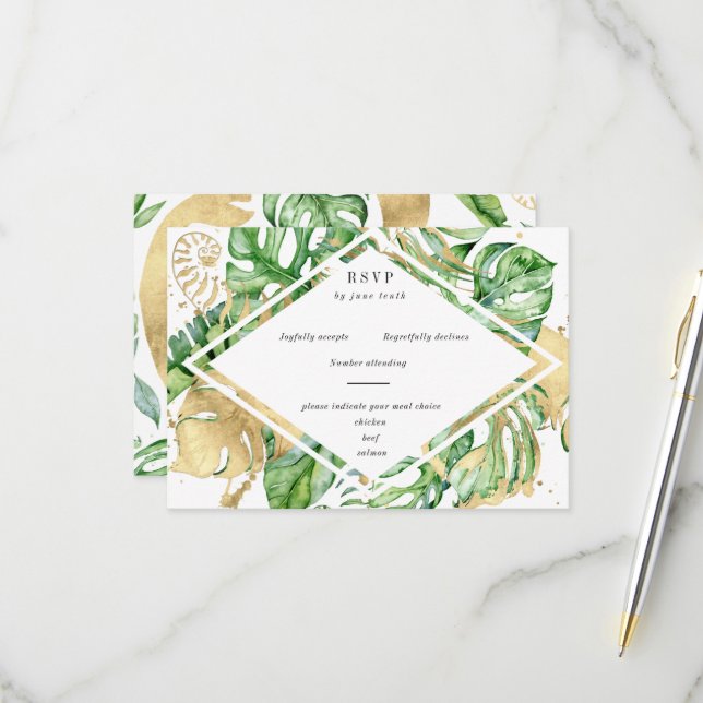 Carte RSVP Tropical Golden Foliage (Devant/Arrière en situation)