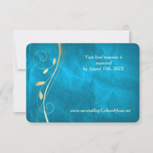 Carte RSVP Turquoise de mariage Gold Leaf Swirl bl