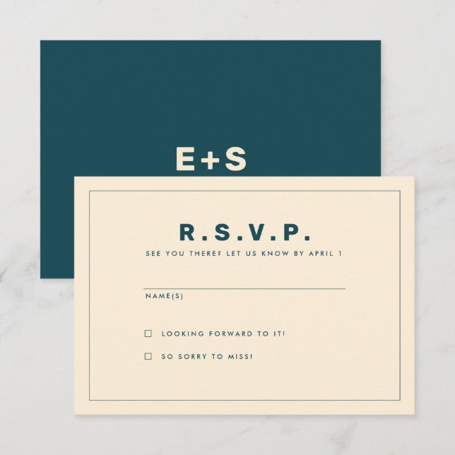 Carte RSVP turquoise et beige Wes Anderson inspiré (Devant / Derrière)