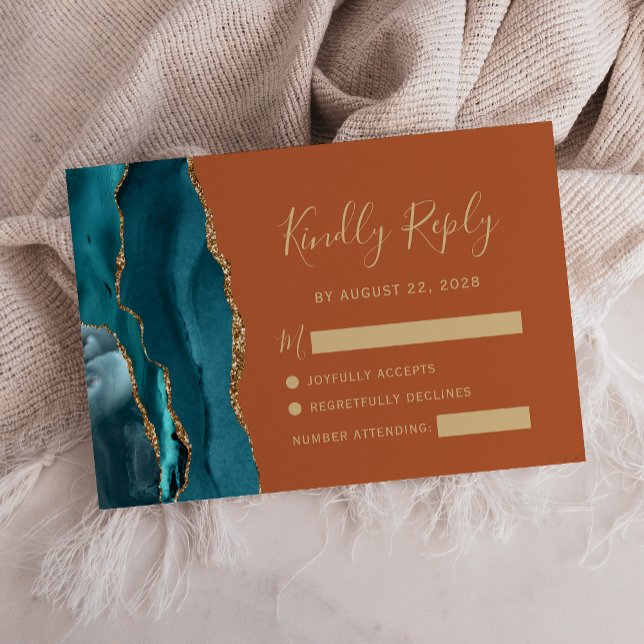 Carte RSVP turquoise Gold Agate Burnt Orange Weddi (Créateur téléchargé)