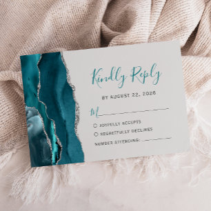 Carte RSVP Turquoise moderne Gris Gris Agate Argen