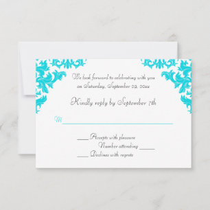 Carte RSVP Turquoise, Noir, Blanc Damas