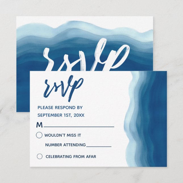 Carte RSVP | Vague Aquarelle Bleue (Devant / Derrière)