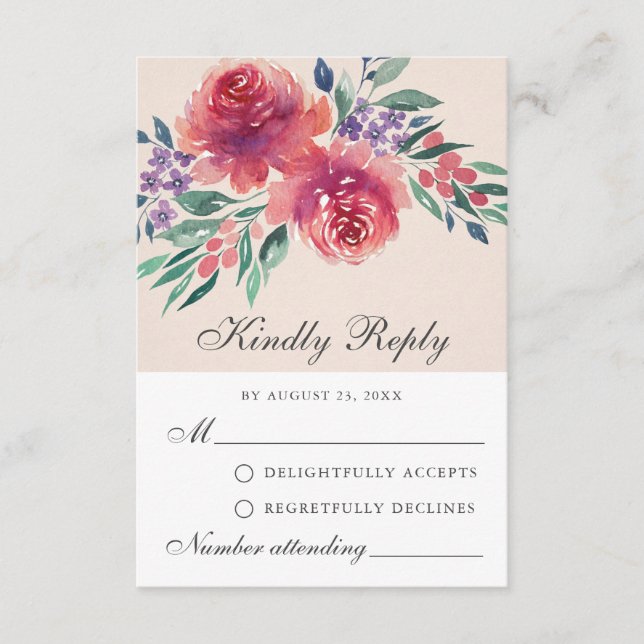 Carte RSVP violette couleur d'aquarelle romantique (Devant)