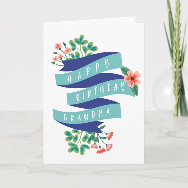 Carte Ruban bleu et fleurs Joyeux grand-mère d'anniversa (Devant)