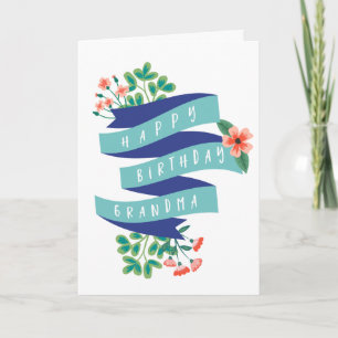 Carte Ruban bleu et fleurs Joyeux grand-mère d'anniversa