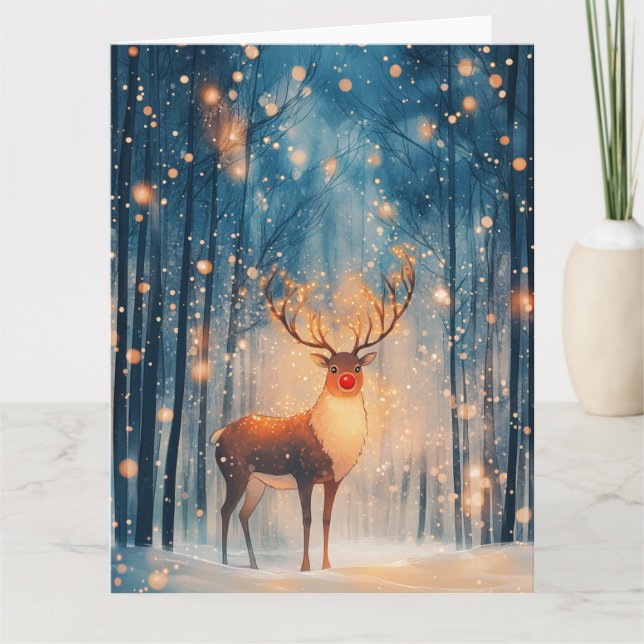 Carte Rudolph Reindeer dans la forêt de neige Noël (Devant)