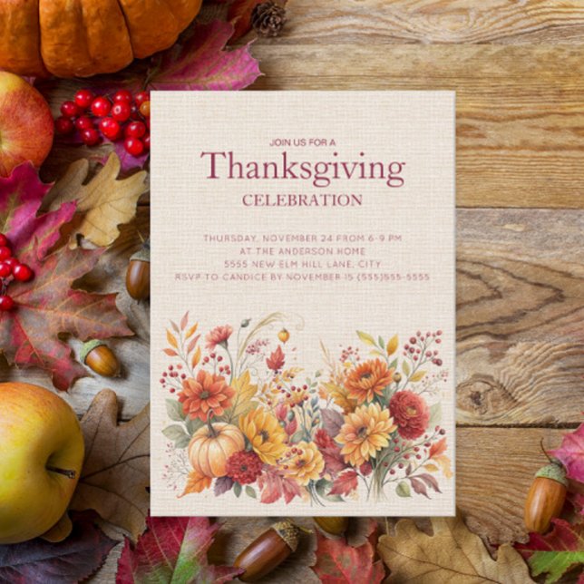 Carte Russe Automne Floral Lin Thanksgiving (Autumn floral Thanksgiving Dinner invitation)