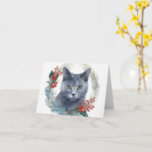 Carte Russe Blue Chat Noël Wreath Festive Kitten