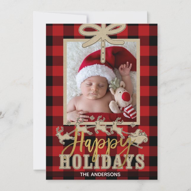 Carte Russe Rouge Buffalo Plaid Kraft Reindeer Photo (Devant)