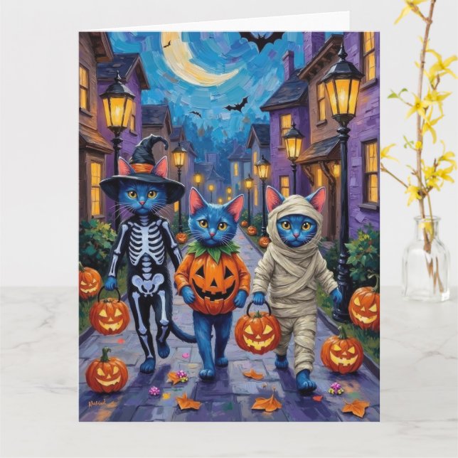Carte Russian Blue Cats in Halloween Costumes (Fleur jaune)