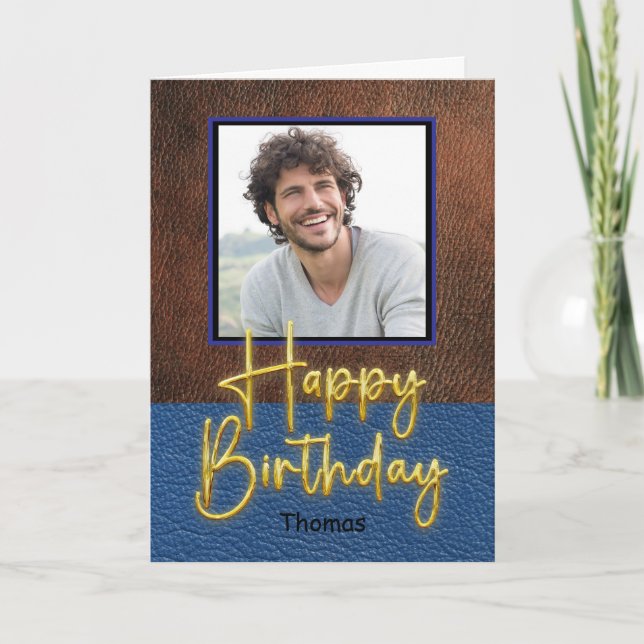Carte Rustic Brown and Blue leather Gold Script Birthday (Devant)