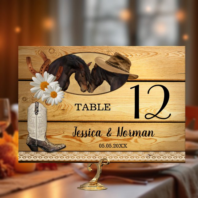 Carte Rustic Country et Western Table Number (Wedding table number card with a country and western theme, featuring two horses on rustic wood)