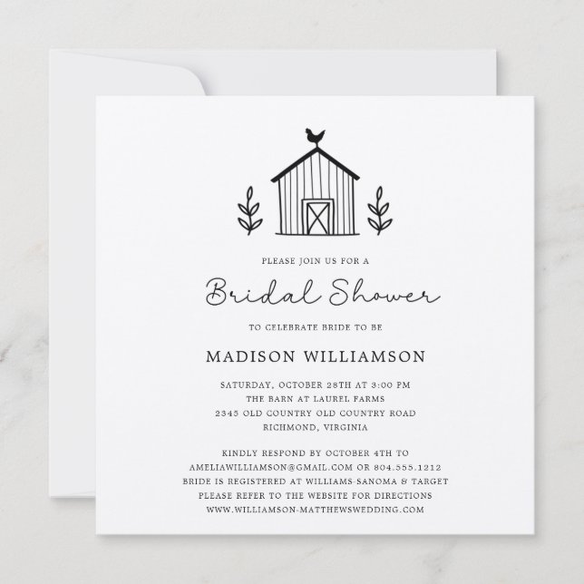 Carte Rustic Farmhouse Barn Script QR code Fête des mari (Devant)