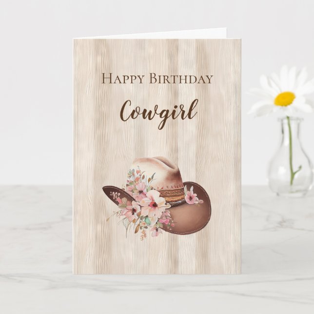 Carte Rustic Faux Wood Cowgirl Floral Casquette Annivers (Petite plante)