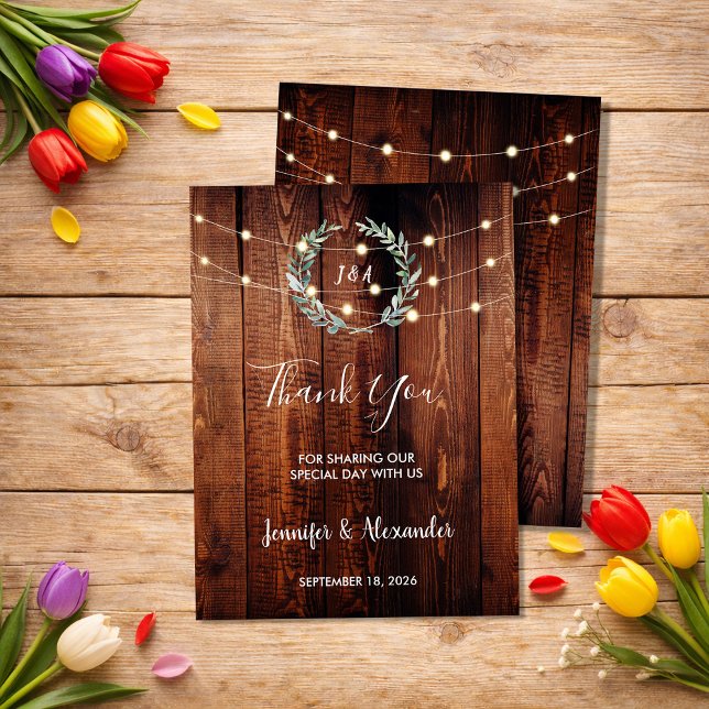 Carte Rustic leaves string lights Thank you wedding card (Rustic leaves string lights Thank you wedding card. Beautiful card to say thank you to your guests.)