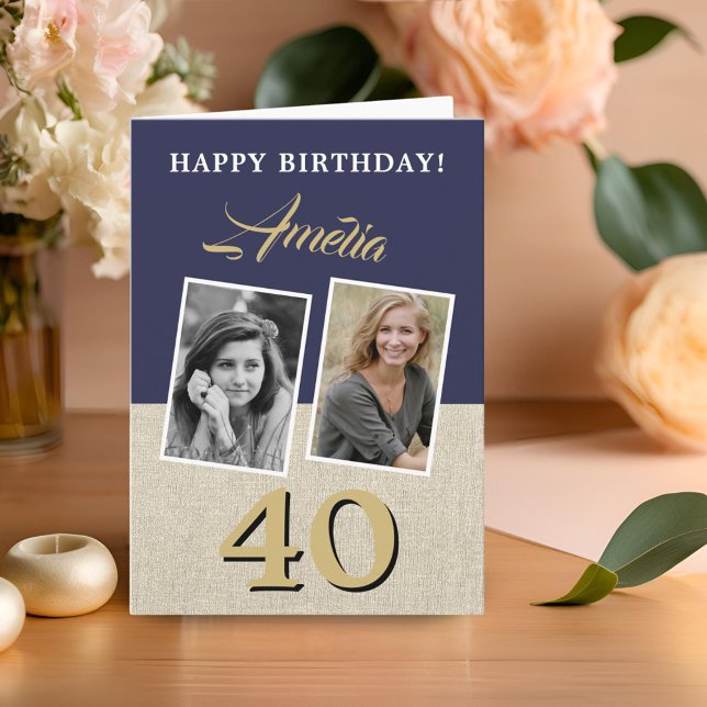 Carte Rustic Navy Blue Joyeux 40e anniversaire 2 Photos (Créateur téléchargé)