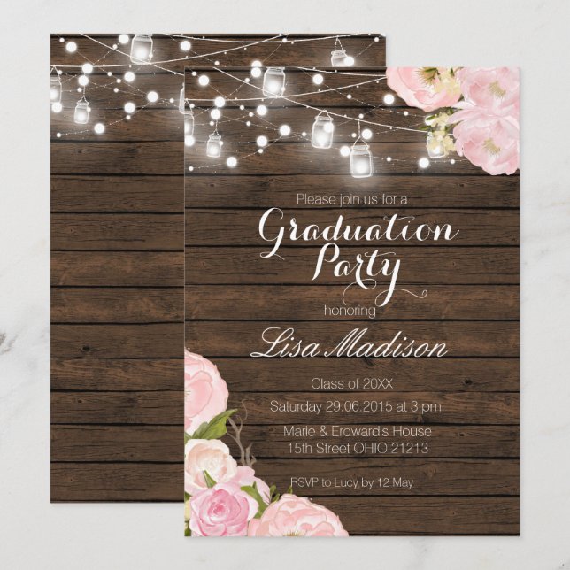 Carte Rustic String Lights Graduation Party été (Devant / Derrière)
