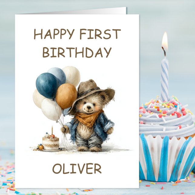 Carte Rustic Teddy Bear 1st Birthday (Créateur téléchargé)