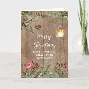 Carte Rustic Wood Grandson & Family Joyeux Noël