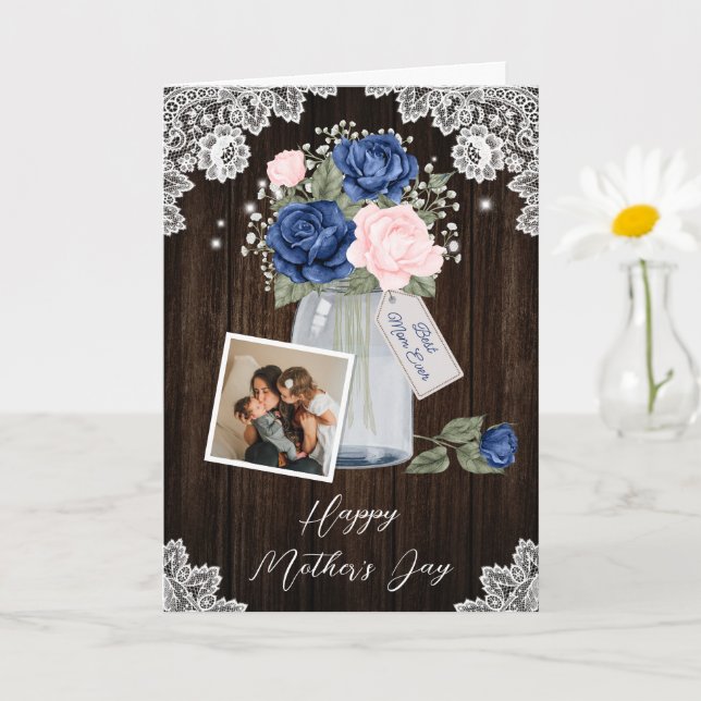 Carte Rustique bleu rose floral photo Bonne fête des mèr (Petite plante)