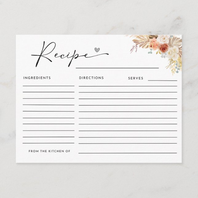 Carte Rustique Boho Arch Pampas Grass Recette Boho (Devant)