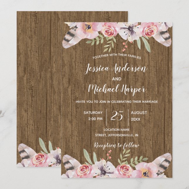 Carte Rustique Boho Wood Floral Mariage Card (Devant / Derrière)
