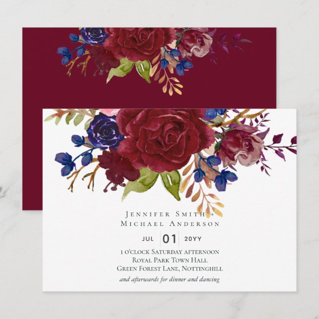 Carte Rustique Bourgogne Bleu Floral Budget Mariage Invi (Devant / Derrière)