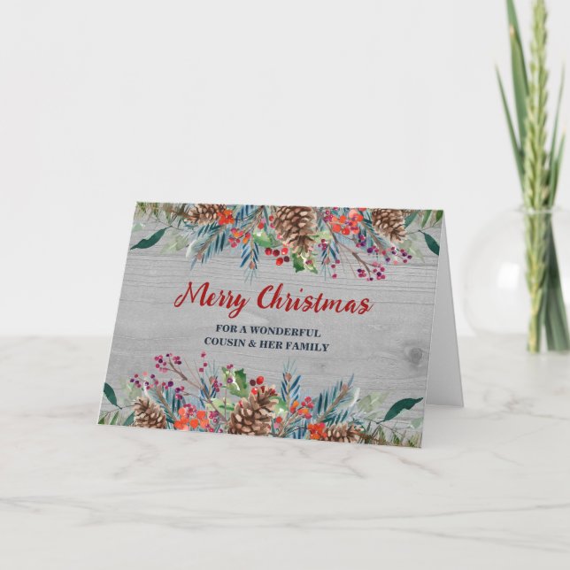 Carte Rustique Floral Cousin & Noël de famille (Devant)