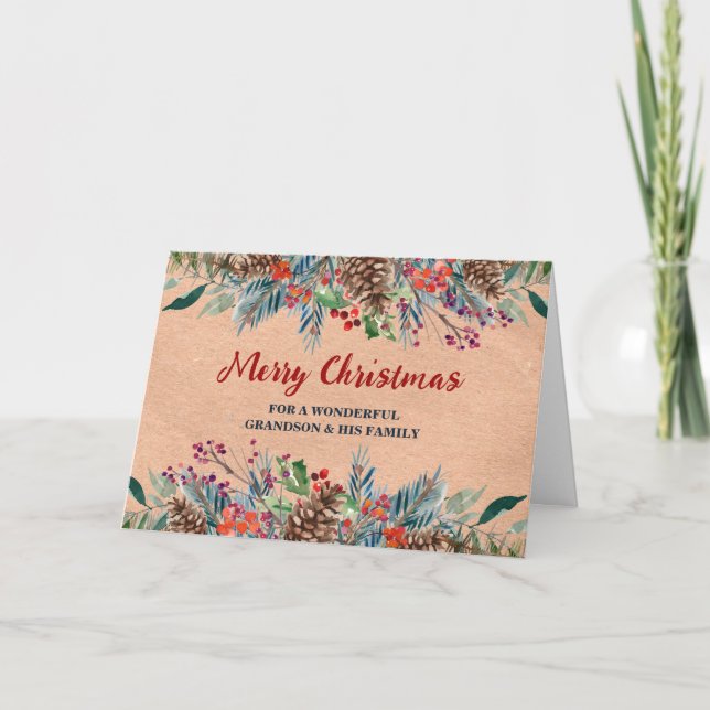 Carte Rustique Floral Grandson & Famille Joyeux Noël (Devant)