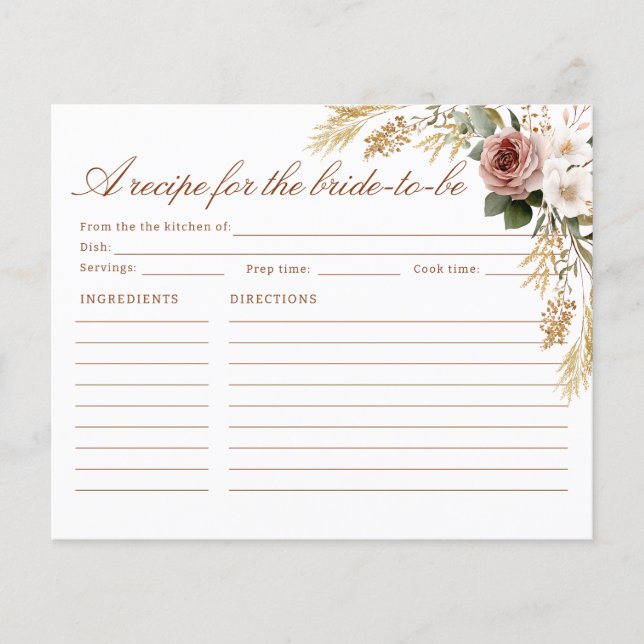 Carte Rustique Floral Recette pour la future marié (Devant)