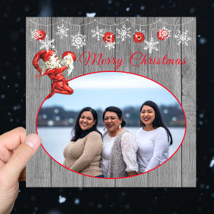 Carte Rustique gris Bois Rouge Elfe Vintage Joyeux Noël
