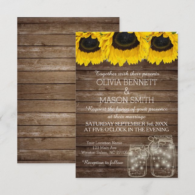 Carte Rustique Mason Jar Sunflower Mariage (Devant / Derrière)