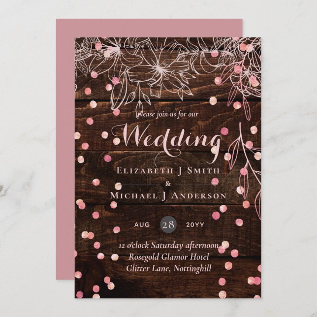 Carte Rustique moderne Dusty Rose rose Confetti Mariage (Devant / Derrière)