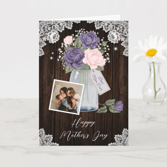 Carte Rustique violet rose floral photo Bonne fête des m (Petite plante)
