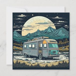 Carte RV vintage dans les montagnes avec Pleine lune