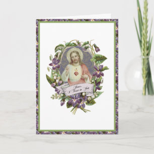 Carte Sacré Coeur Jésus Violet Floral Prière Vintage