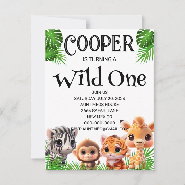 Carte Safari amis tigre girafe zèbre singe anniversaire (Devant)