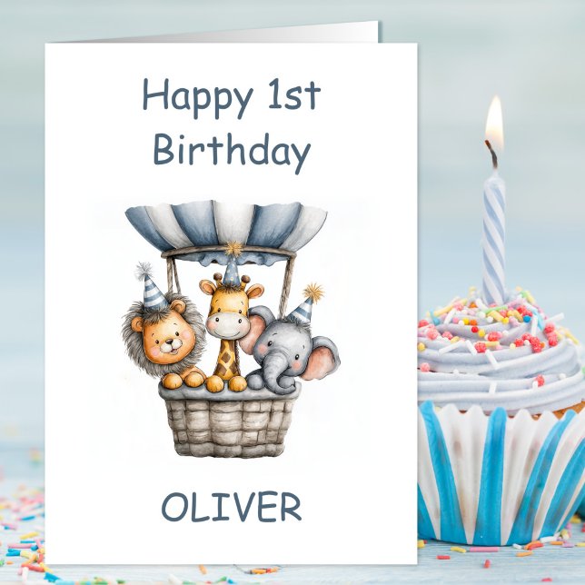 Carte Safari Animals in Hot Air Balloon 1st Birthday (Créateur téléchargé)