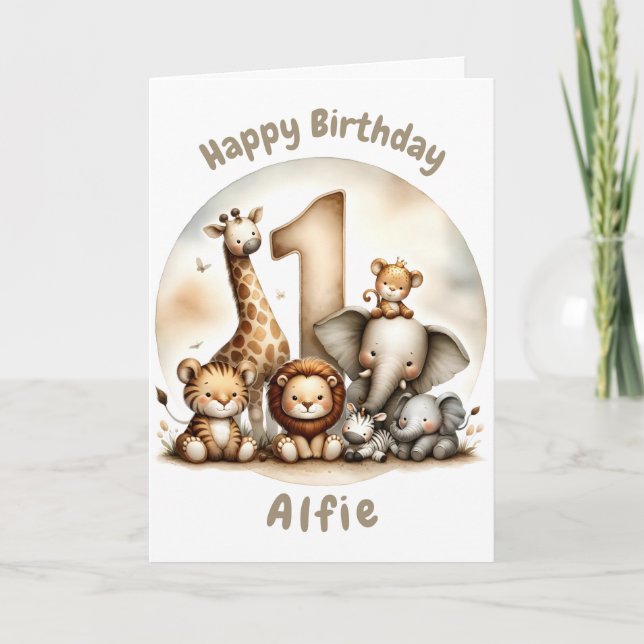 Carte Safari de premier anniversaire d'aquarelle p (Devant)