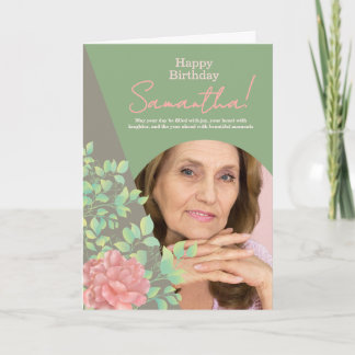 Carte Sage Green Blush Floral Photo Birthday Greeting