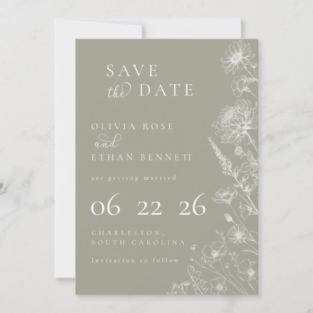Carte Sage Green Botanical Minimal Wedding Save the Date (Devant)