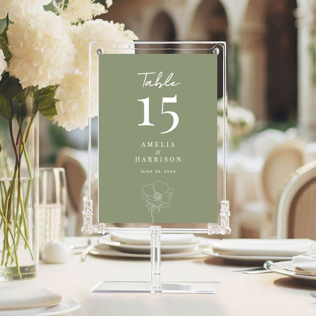 Carte Sage Green Elegant Floral Mariage 5x7 Numéro de ta (Sage Green Elegant Floral Large 5x7 Wedding Table Number Sign with Couple Names, Wedding Date.)