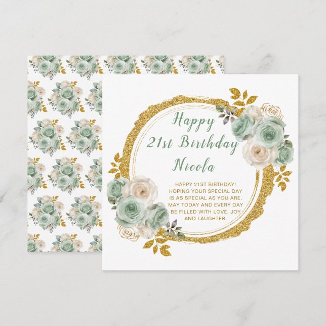 Carte Sage Green et or Fleurs élégantes Fête d'anniversa (Devant / Derrière)