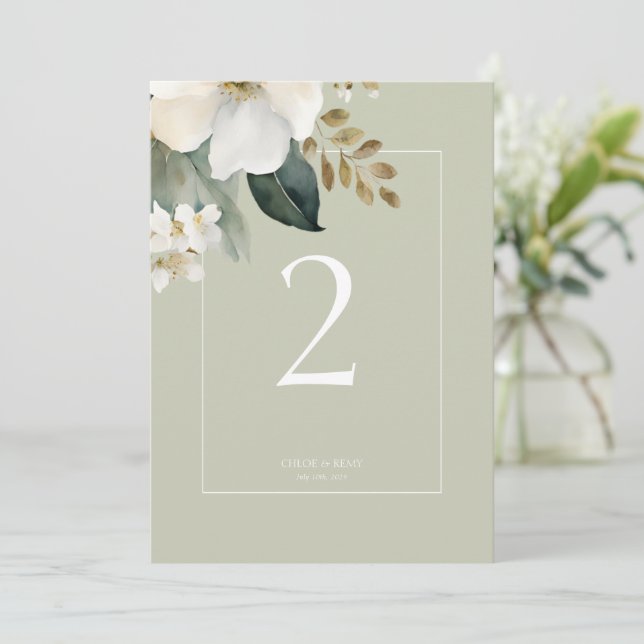 Carte Sage Green Floral Aquarelle Mariage Numéro de tabl (Debout devant)