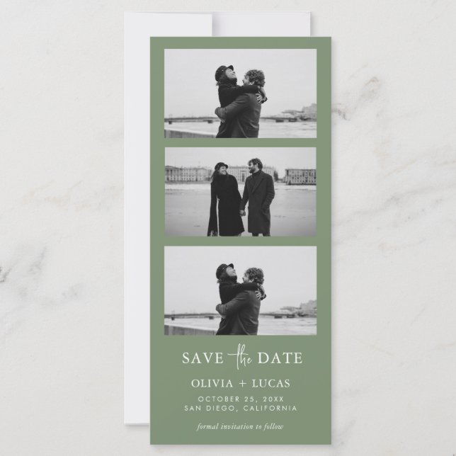 Carte Sage Green Photo Strip QR Code Enregistrer la date (Devant)