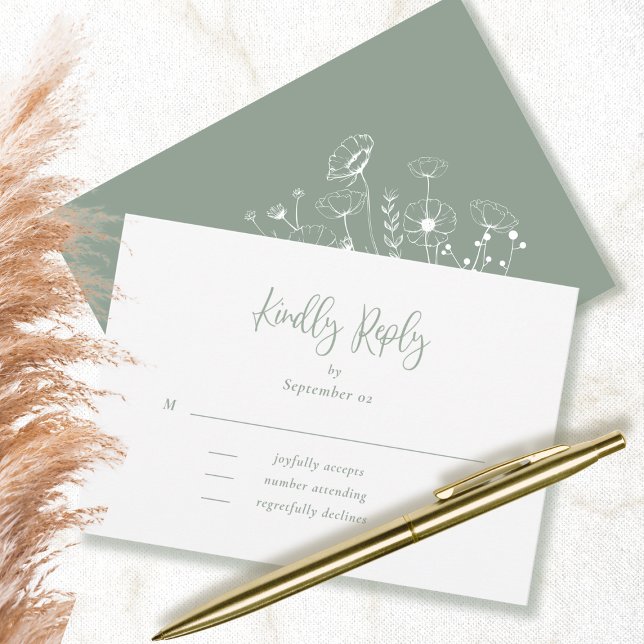 Carte Sage Green Script Typographie Mariage floral RSVP (Créateur téléchargé)
