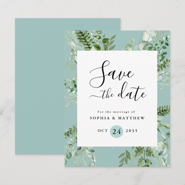 Carte Sage Léger & Eucalyptus Bleu Enregistrer La Date (Devant / Derrière)