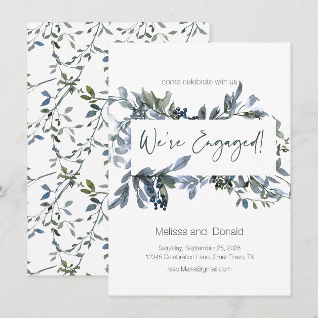 Carte Sage Silver Green Élégant Fiançailles Floral (Devant / Derrière)