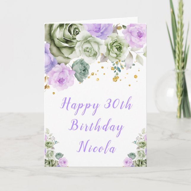 Carte Sage Vert et violet Floral Joyeux anniversaire (Devant)